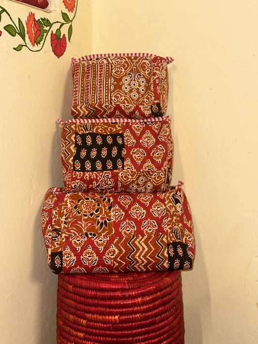 Handblock Quilted Travel Pouches- Set of 3