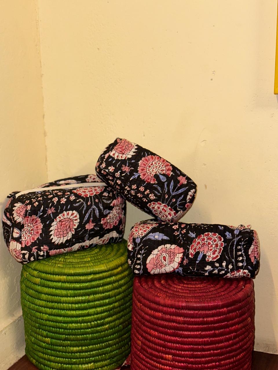 Handblock Quilted Travel Pouches- Set of 3