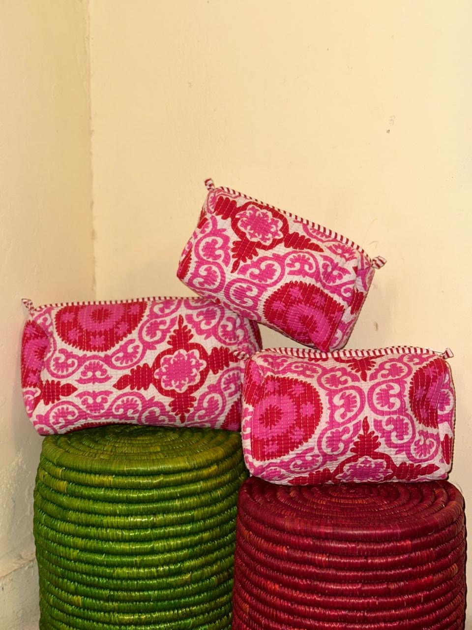 Handblock Quilted Travel Pouches- Set of 3
