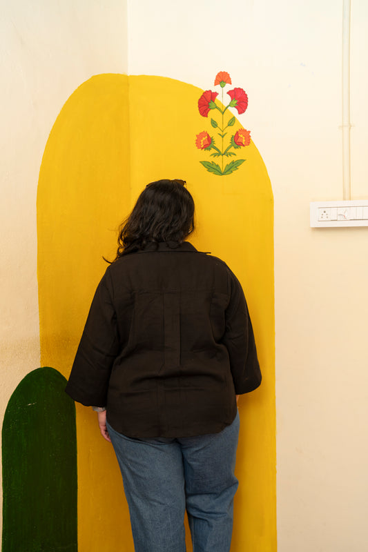 A person viewed from behind wearing a dark brown jacket and blue jeans, standing in front of a large yellow decorative wall panel with painted flowers and a green shape against a cream-colored wall.